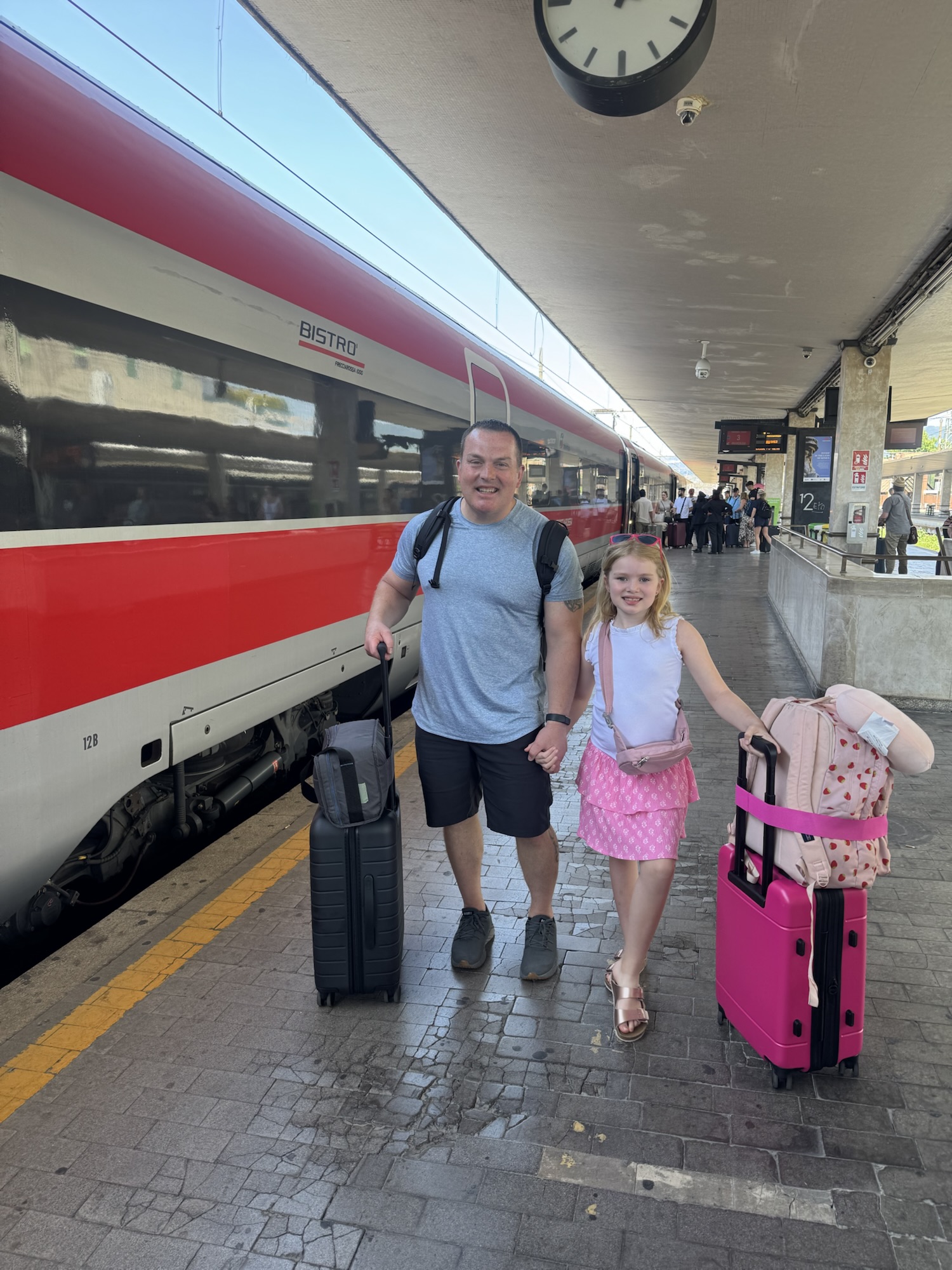 Train station shot of luggage and straps
