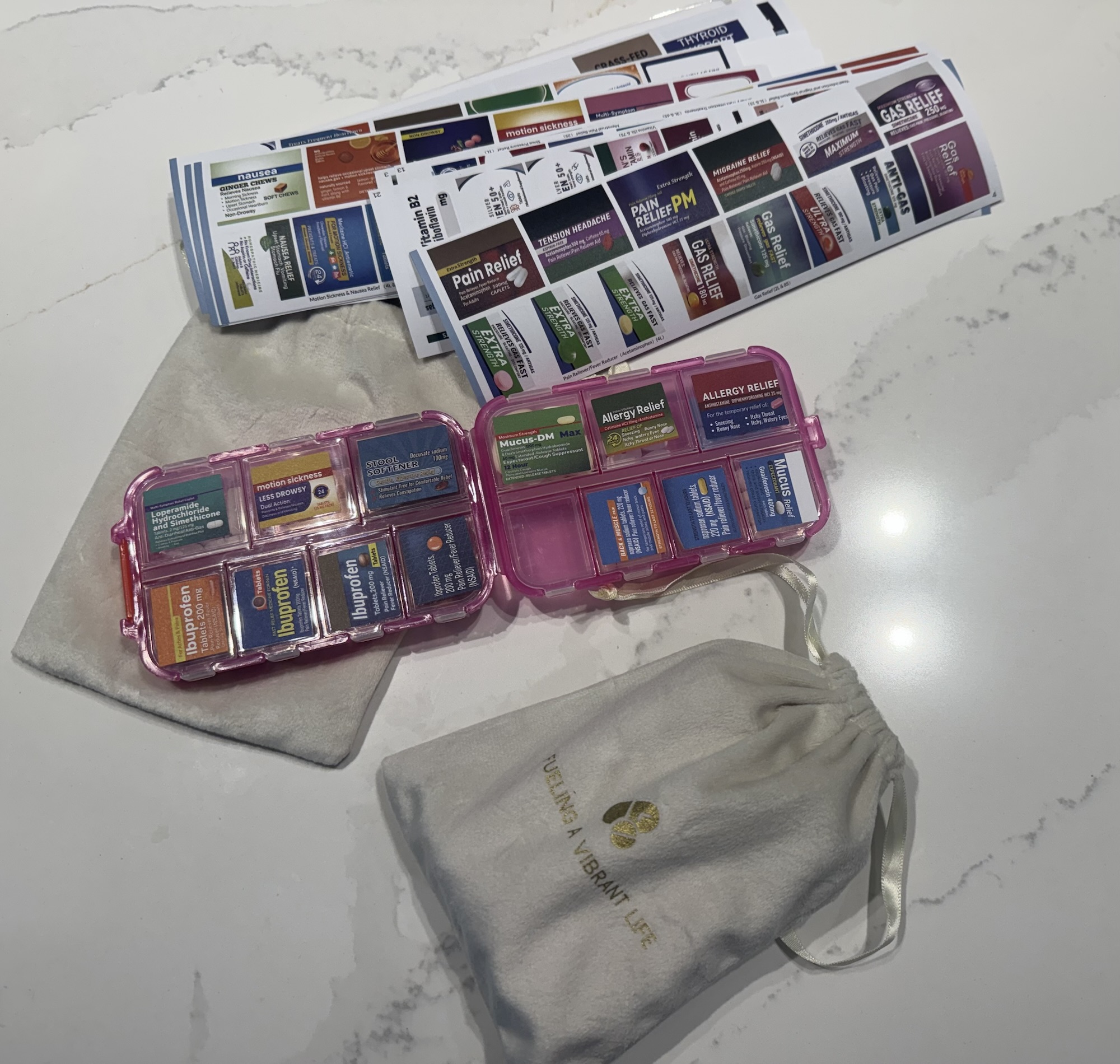 Travel medication pouch with labeled pill compartments