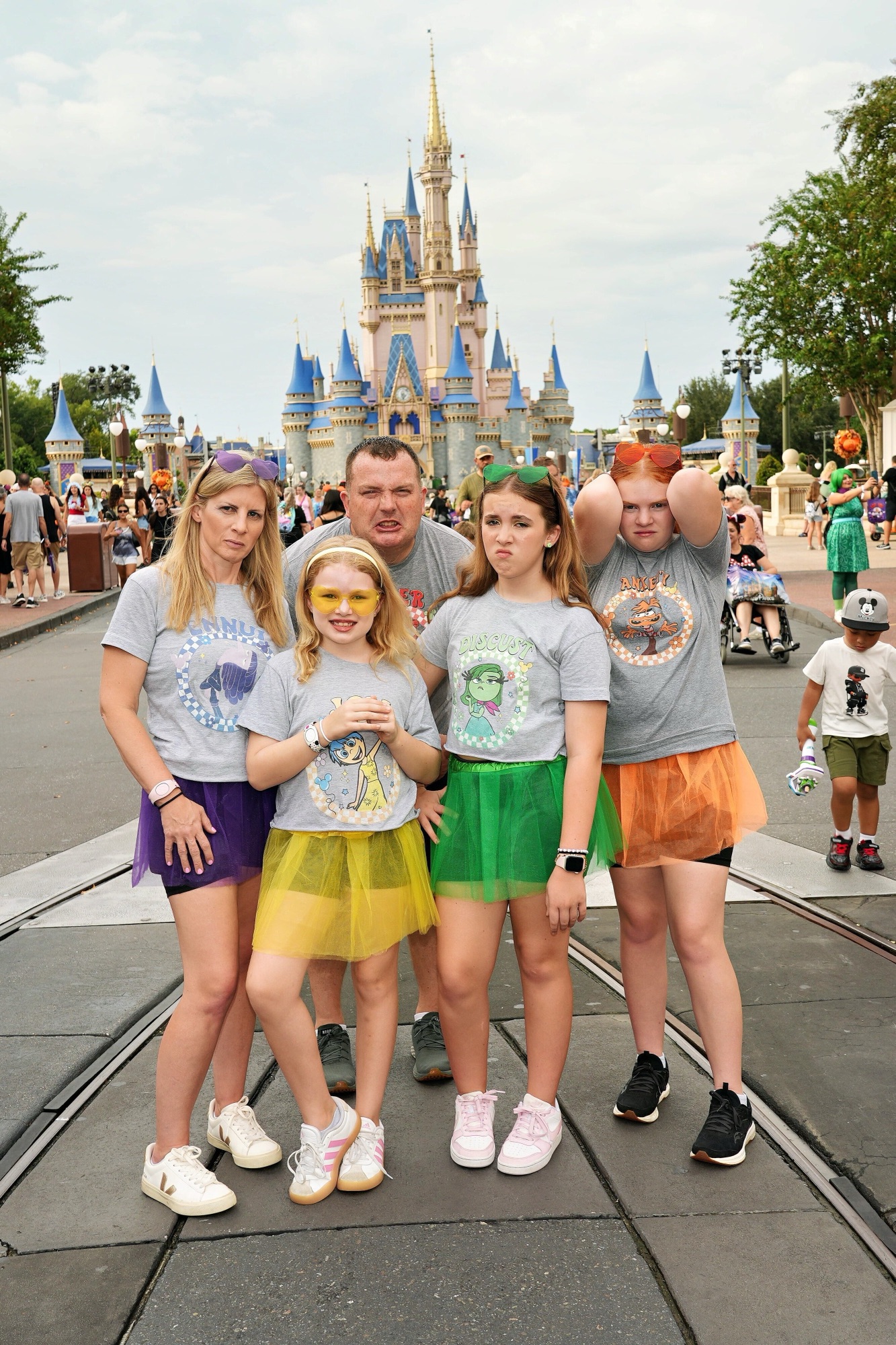 Inside Out family photo in front of castle